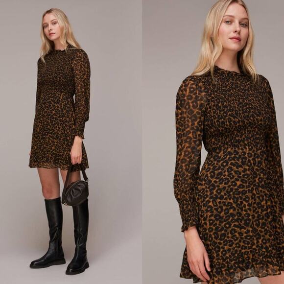 Whistles Leopard Print Shirred Mini Dress Size 2 Long Sleeve Sheer $279 Retail - Picture 1 of 12
